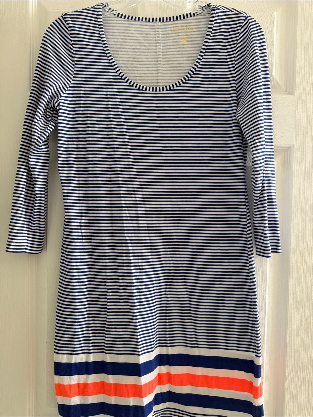 Lilly Pulitzer Beacon Navy Blue White Striped 3/4 Sleeve Mini Dress Small S